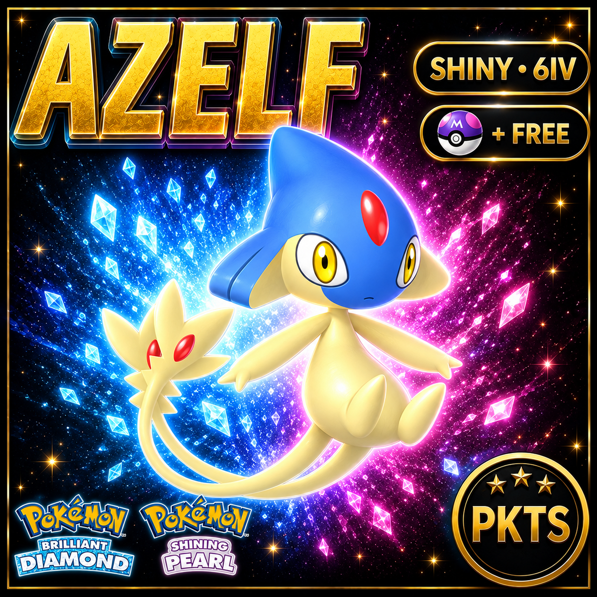 Shiny Azelf for Pokémon Brilliant Diamond & Shining Pearl (BDSP), 6IV, PKTS.