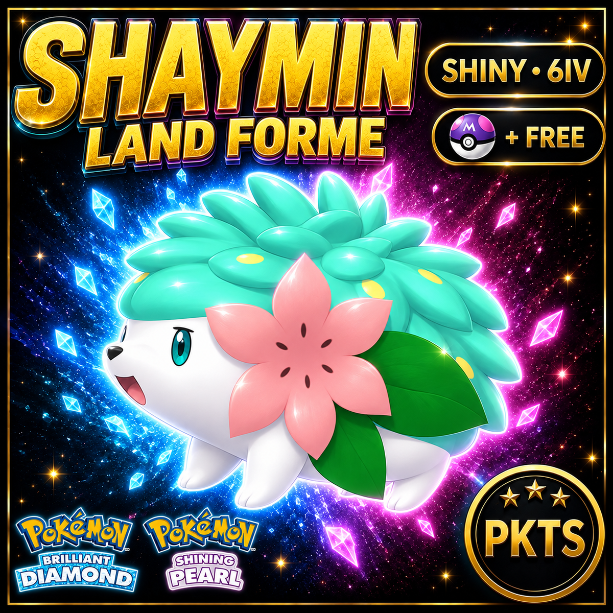 Shiny Shaymin Land Forme for Pokémon Brilliant Diamond & Shining Pearl (BDSP), 6IV, PKTS.