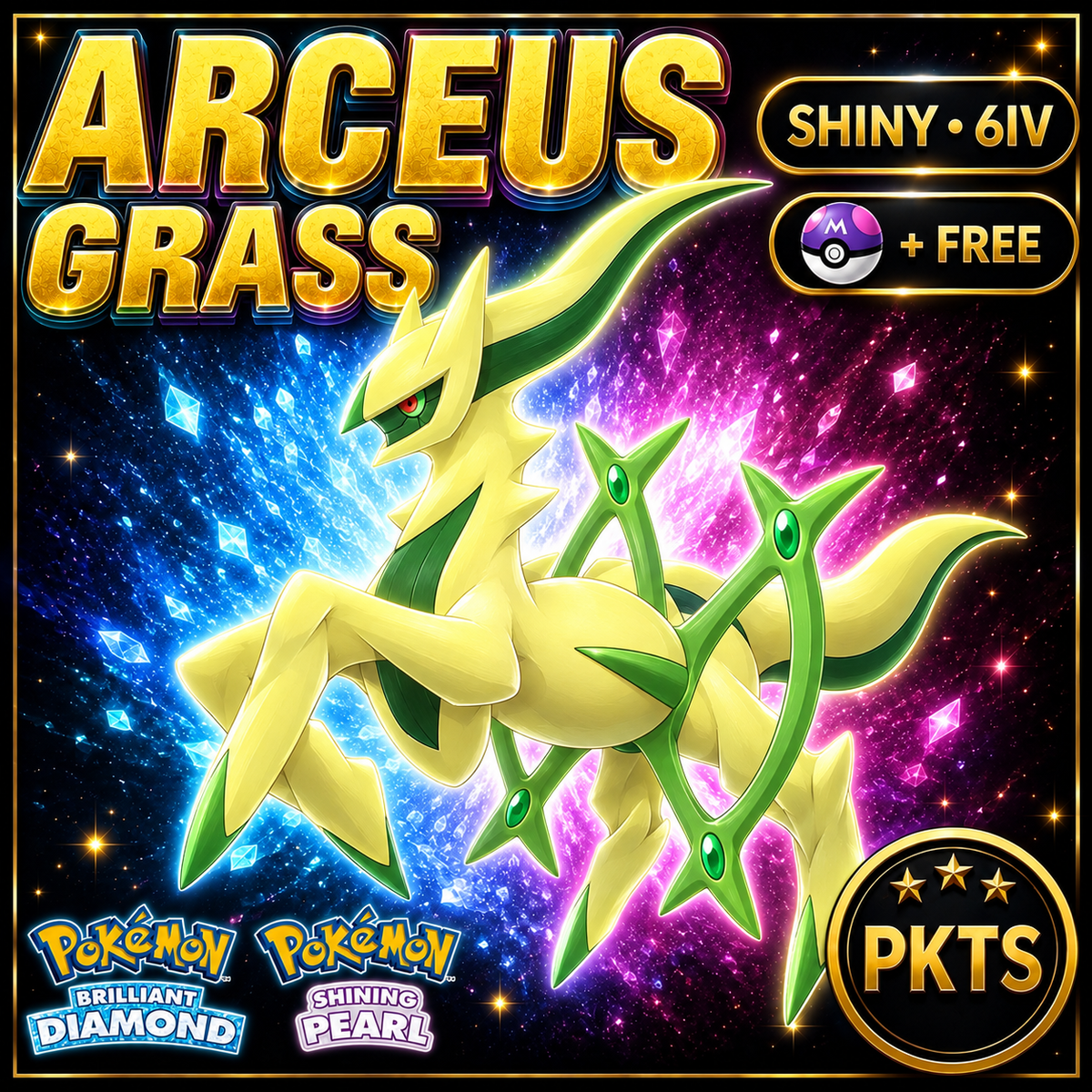 Shiny Arceus Grass for Pokémon Brilliant Diamond & Shining Pearl (BDSP), 6IV, PKTS.