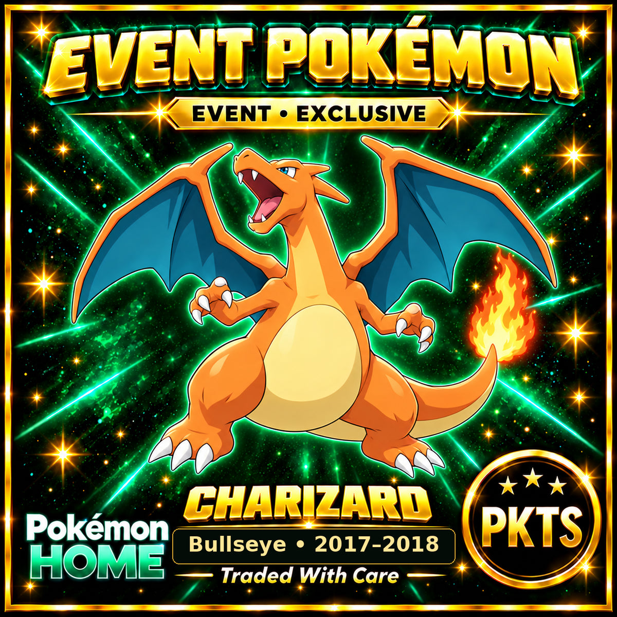 AI-generated illustration of non-shiny Charizard — Bullseye • 2017–2018. PKTS EVENT • EXCLUSIVE.