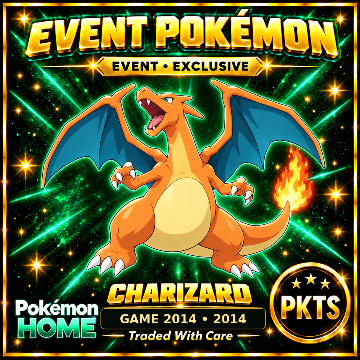 AI-generated illustration of non-shiny Charizard — GAME 2014 • 2014. PKTS EVENT • EXCLUSIVE.