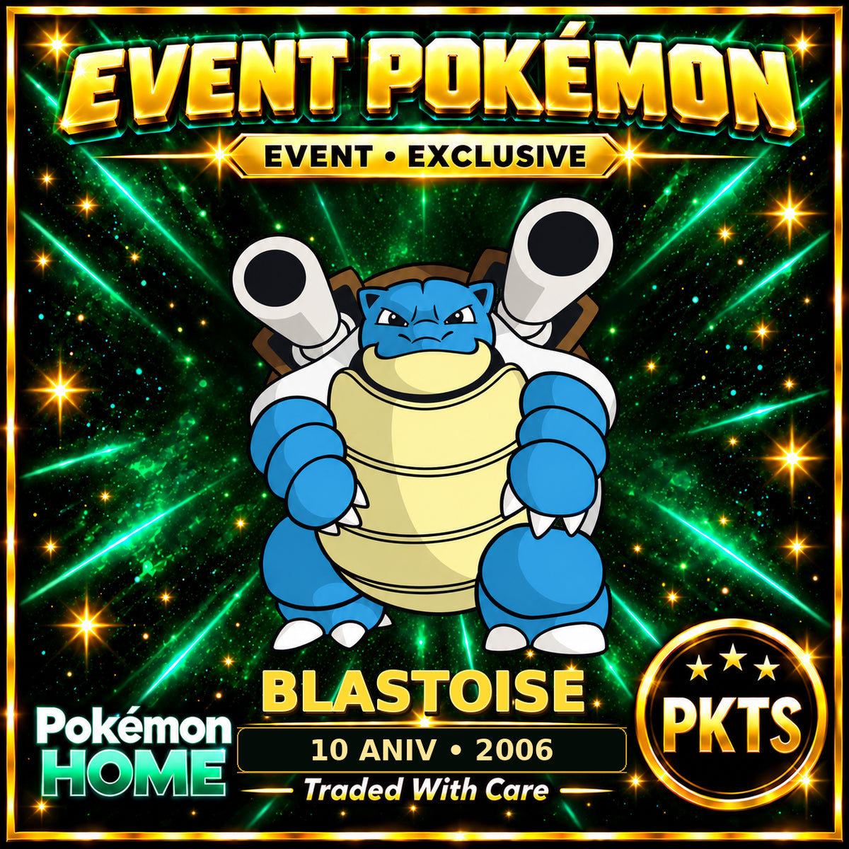 AI-generated illustration of non-shiny Blastoise — 10 ANIV • 2006. PKTS EVENT • EXCLUSIVE.