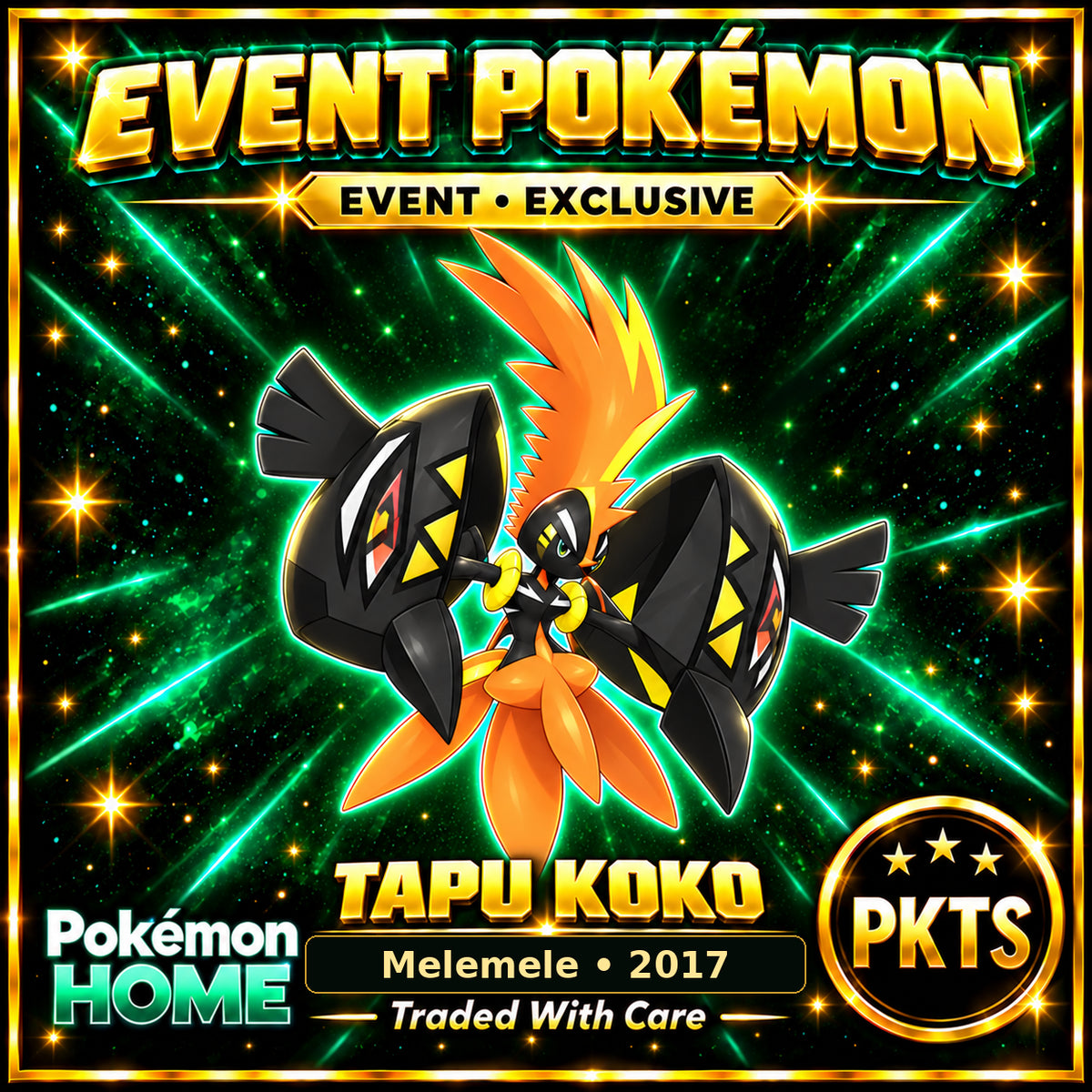 AI-generated illustration of shiny Tapu Koko — Melemele • 2017. PKTS EVENT • EXCLUSIVE.