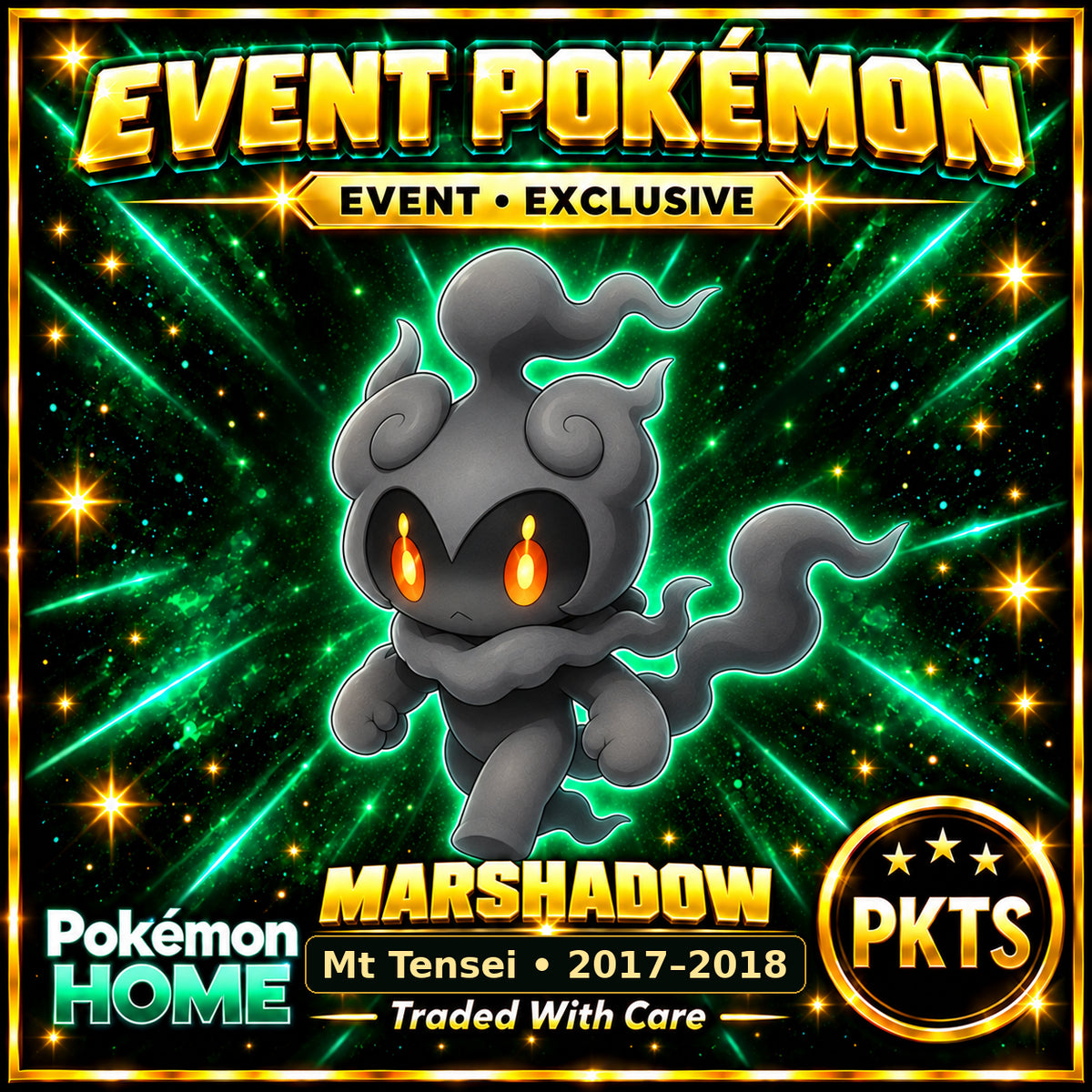 AI-generated illustration of non-shiny Marshadow — Mt Tensei • 2017–2018. PKTS EVENT • EXCLUSIVE.