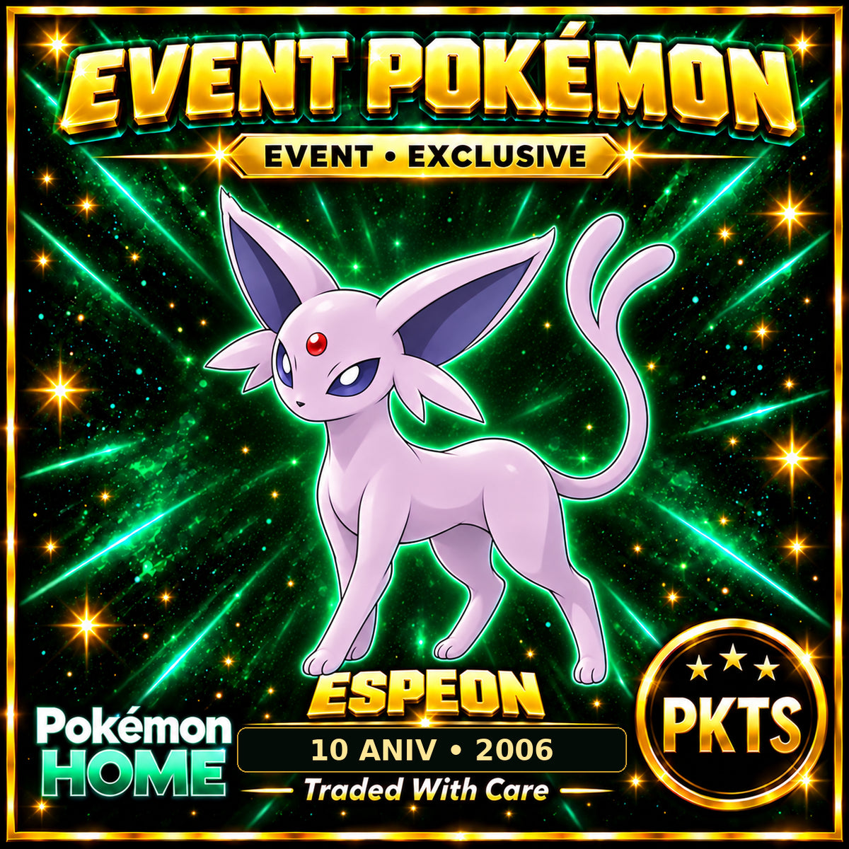 AI-generated illustration of non-shiny Espeon — 10 ANIV • 2006. PKTS EVENT • EXCLUSIVE.