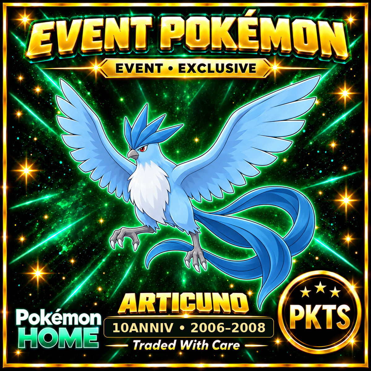 AI-generated illustration of non-shiny Articuno — 10ANNIV • 2006–2008. PKTS EVENT • EXCLUSIVE.