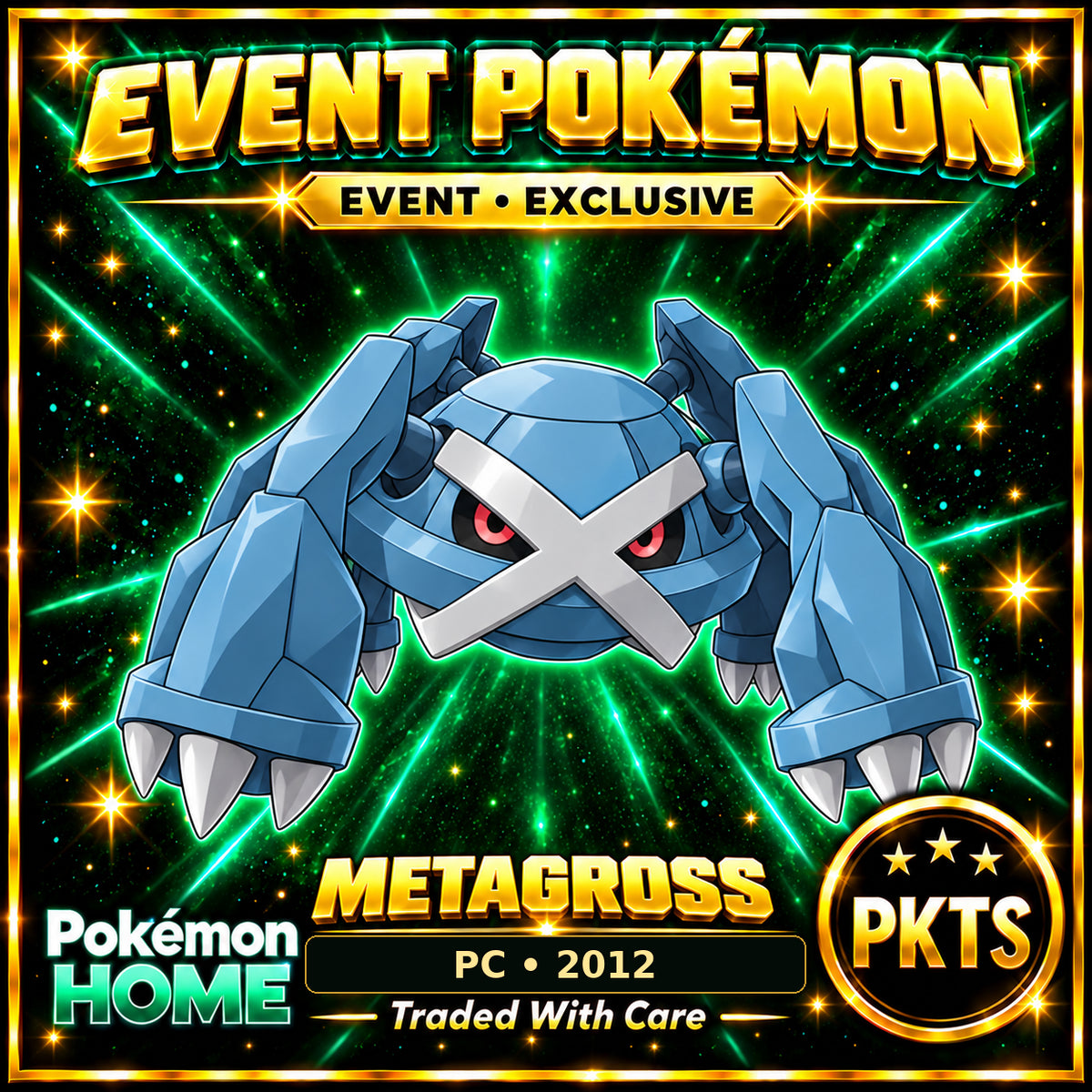 AI-generated illustration of non-shiny Metagross — PC • 2012. PKTS EVENT • EXCLUSIVE.