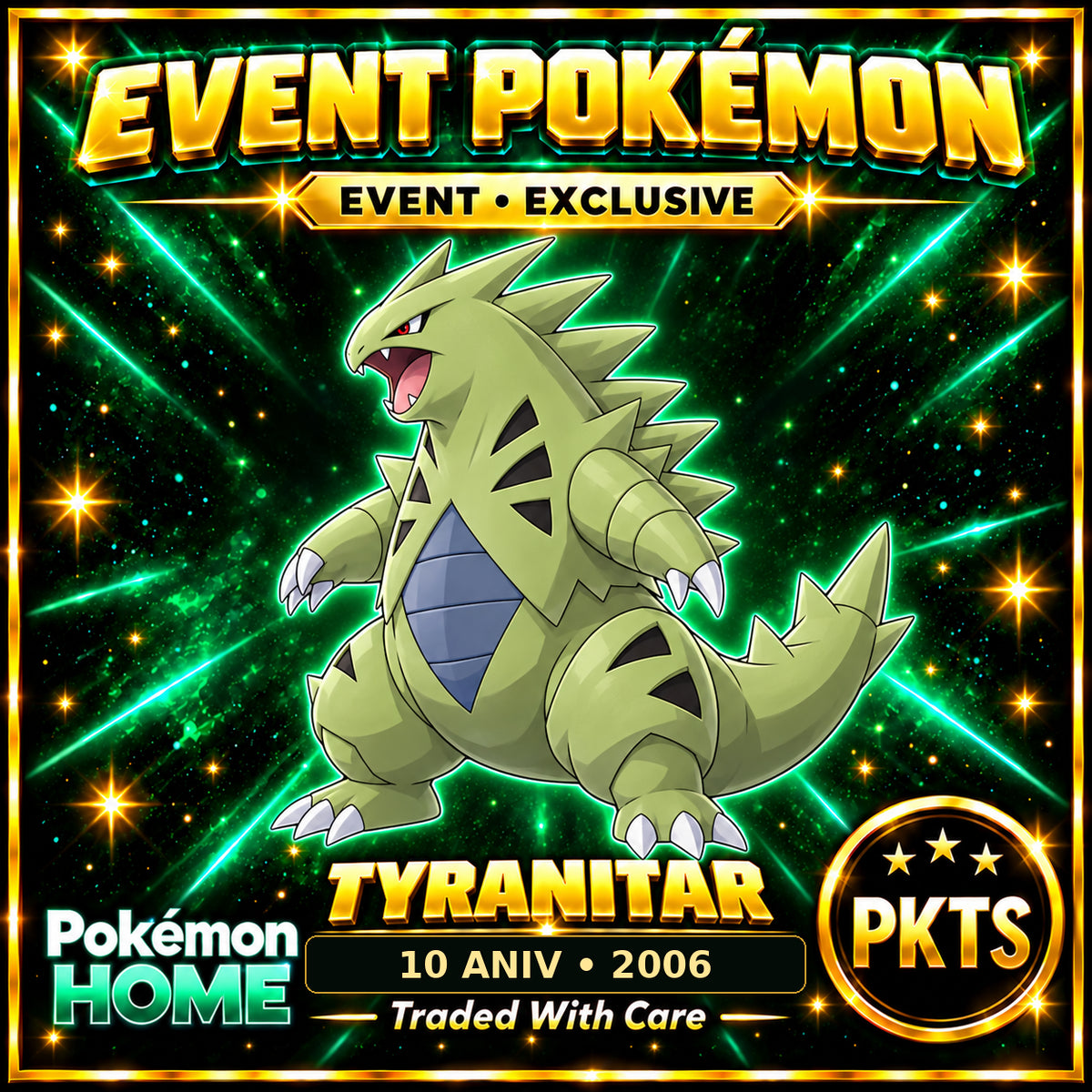 AI-generated illustration of non-shiny Tyranitar — 10 ANIV • 2006. PKTS EVENT • EXCLUSIVE.