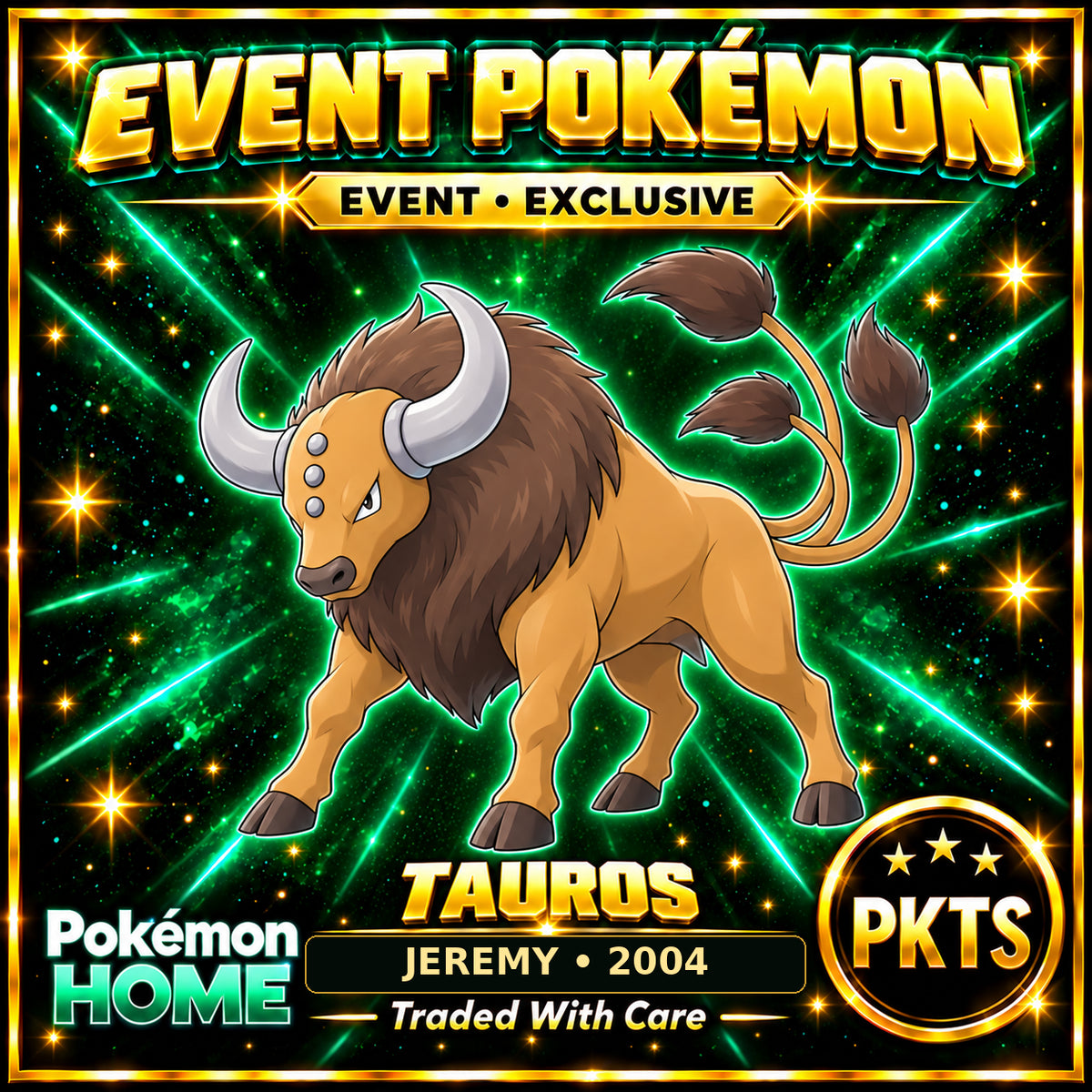 AI-generated illustration of non-shiny Tauros — JEREMY • 2004. PKTS EVENT • EXCLUSIVE.
