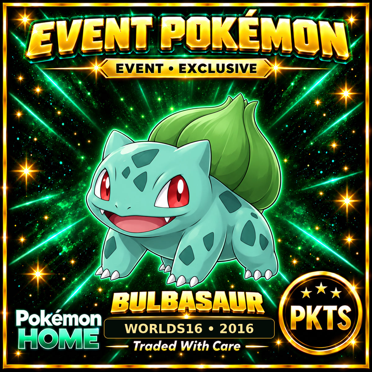 AI-generated illustration of non-shiny Bulbasaur — WORLDS16 • 2016. PKTS EVENT • EXCLUSIVE.