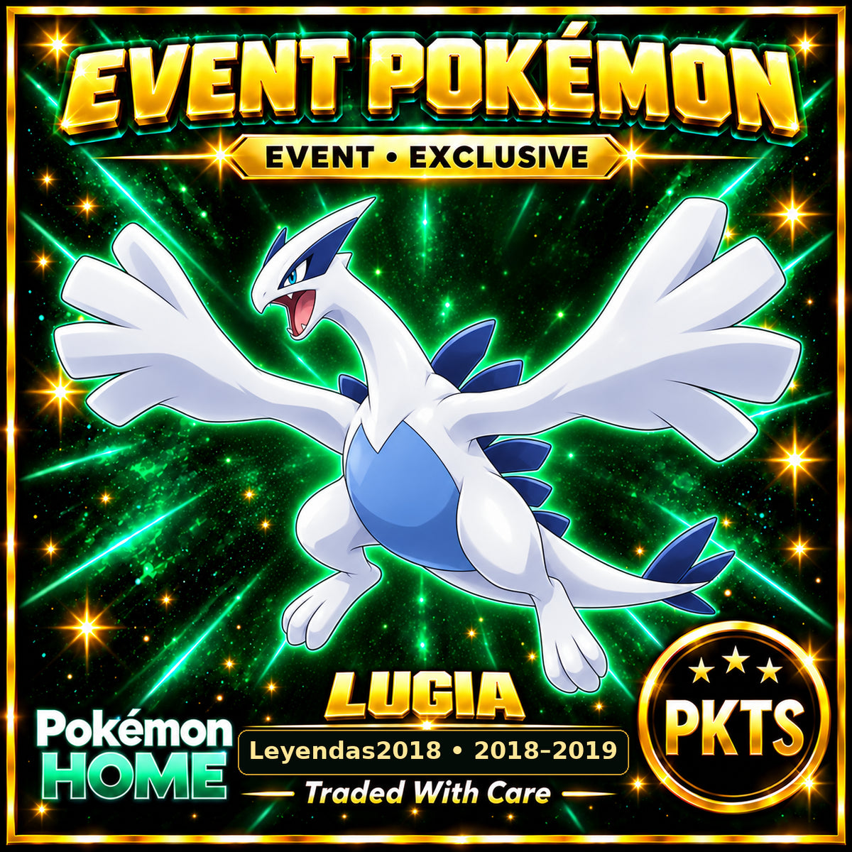 AI-generated illustration of non-shiny Lugia — Leyendas2018 • 2018–2019. PKTS EVENT • EXCLUSIVE.