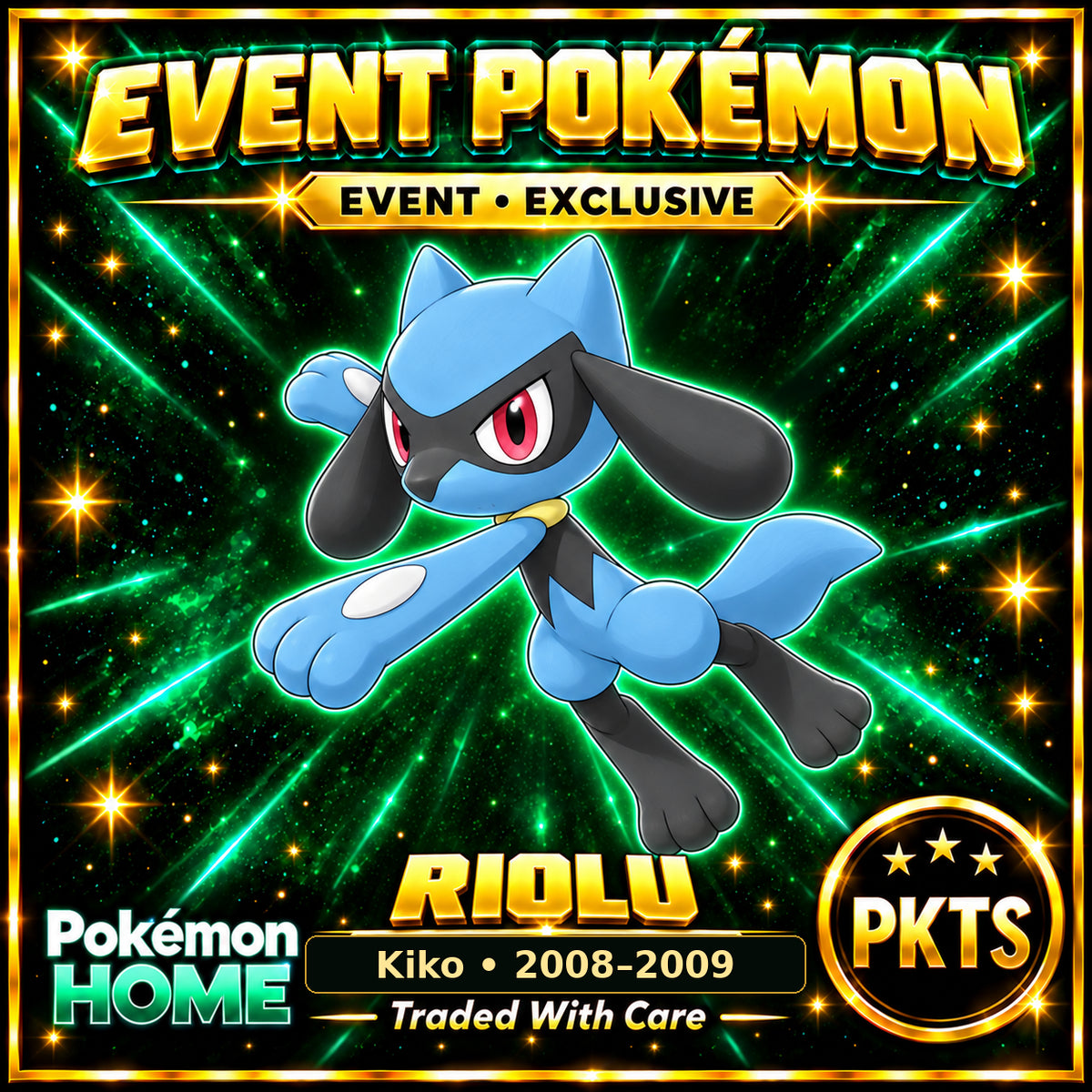 AI-generated illustration of non-shiny Riolu — Kiko • 2008–2009. PKTS EVENT • EXCLUSIVE.