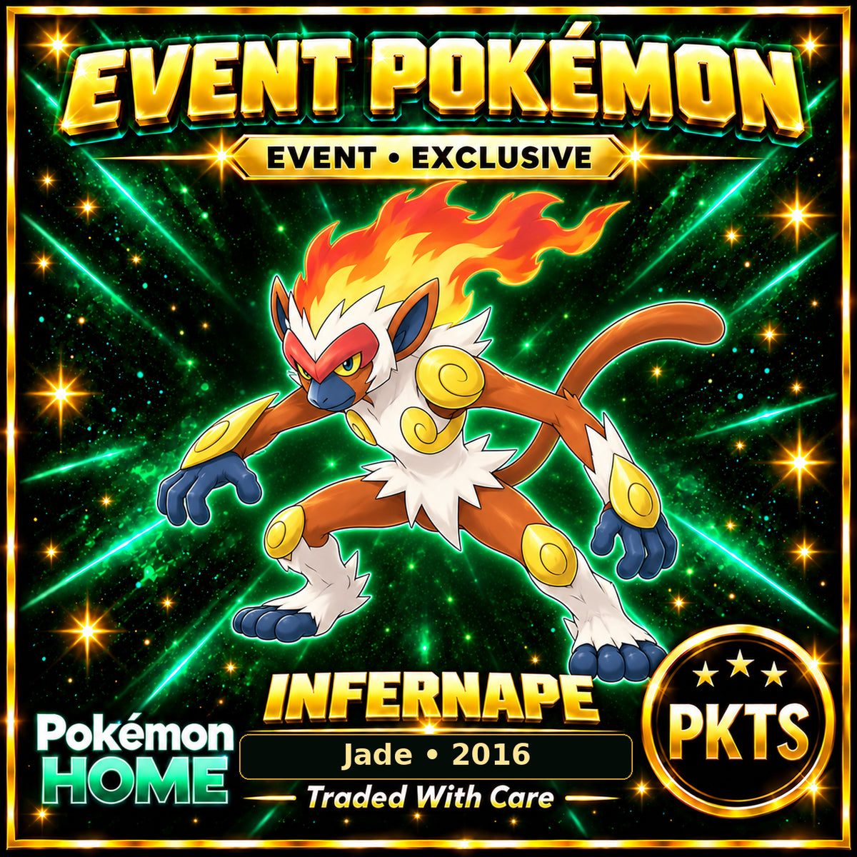 AI-generated illustration of non-shiny Infernape — Jade • 2016. PKTS EVENT • EXCLUSIVE.