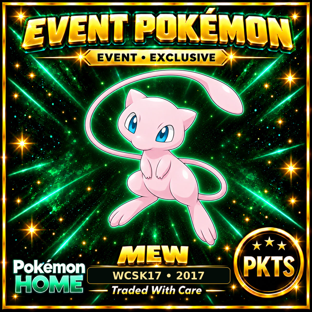 AI-generated illustration of non-shiny Mew — WCSK17 • 2017. PKTS EVENT • EXCLUSIVE.