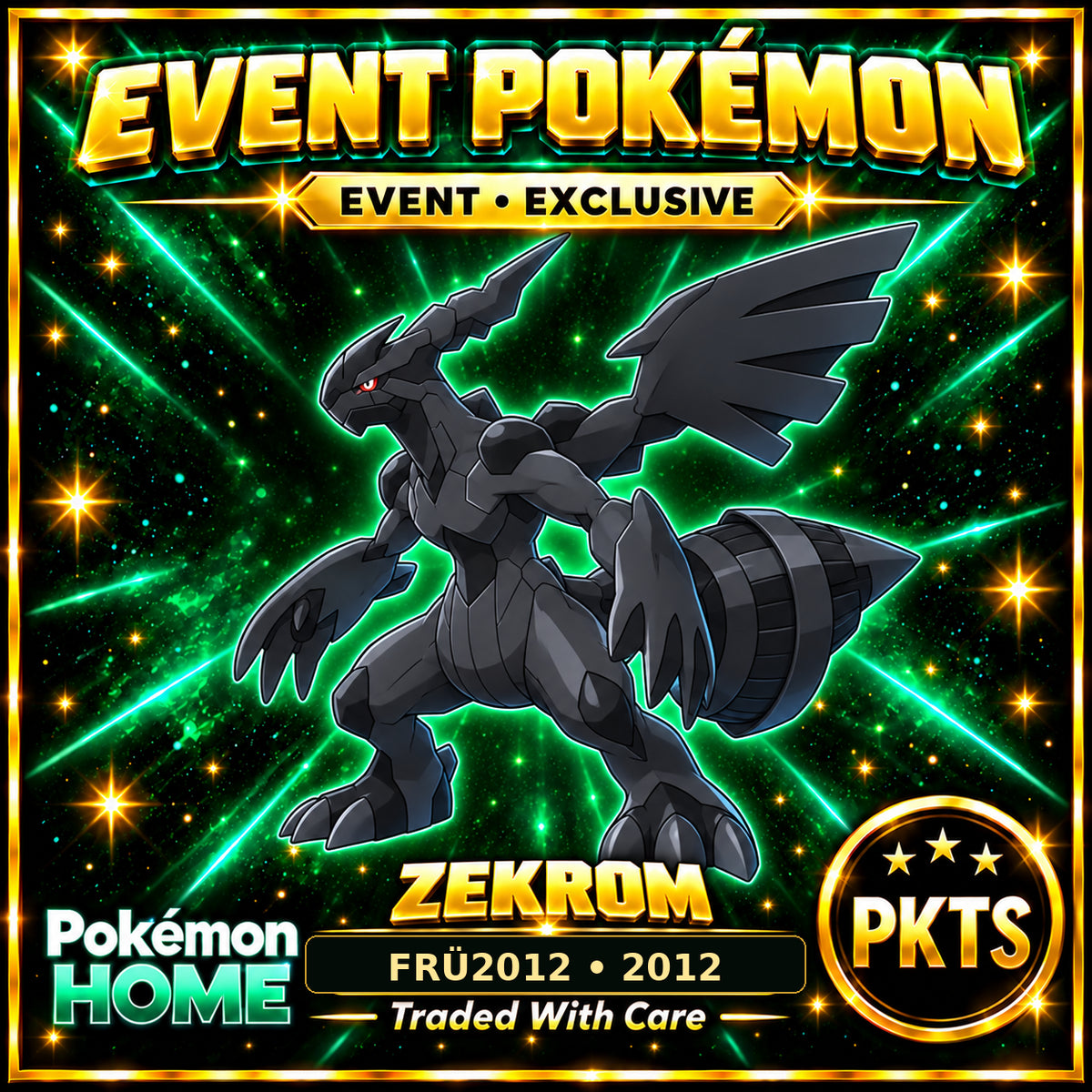 AI-generated illustration of non-shiny Zekrom — FRÜ2012 • 2012. PKTS EVENT • EXCLUSIVE.