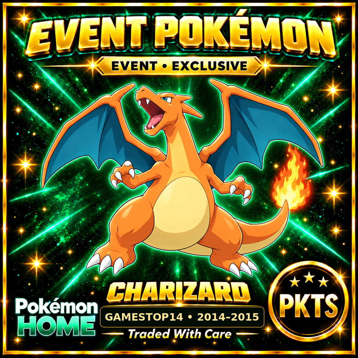 AI-generated illustration of non-shiny Charizard — GAMESTOP14 • 2014–2015. PKTS EVENT • EXCLUSIVE.