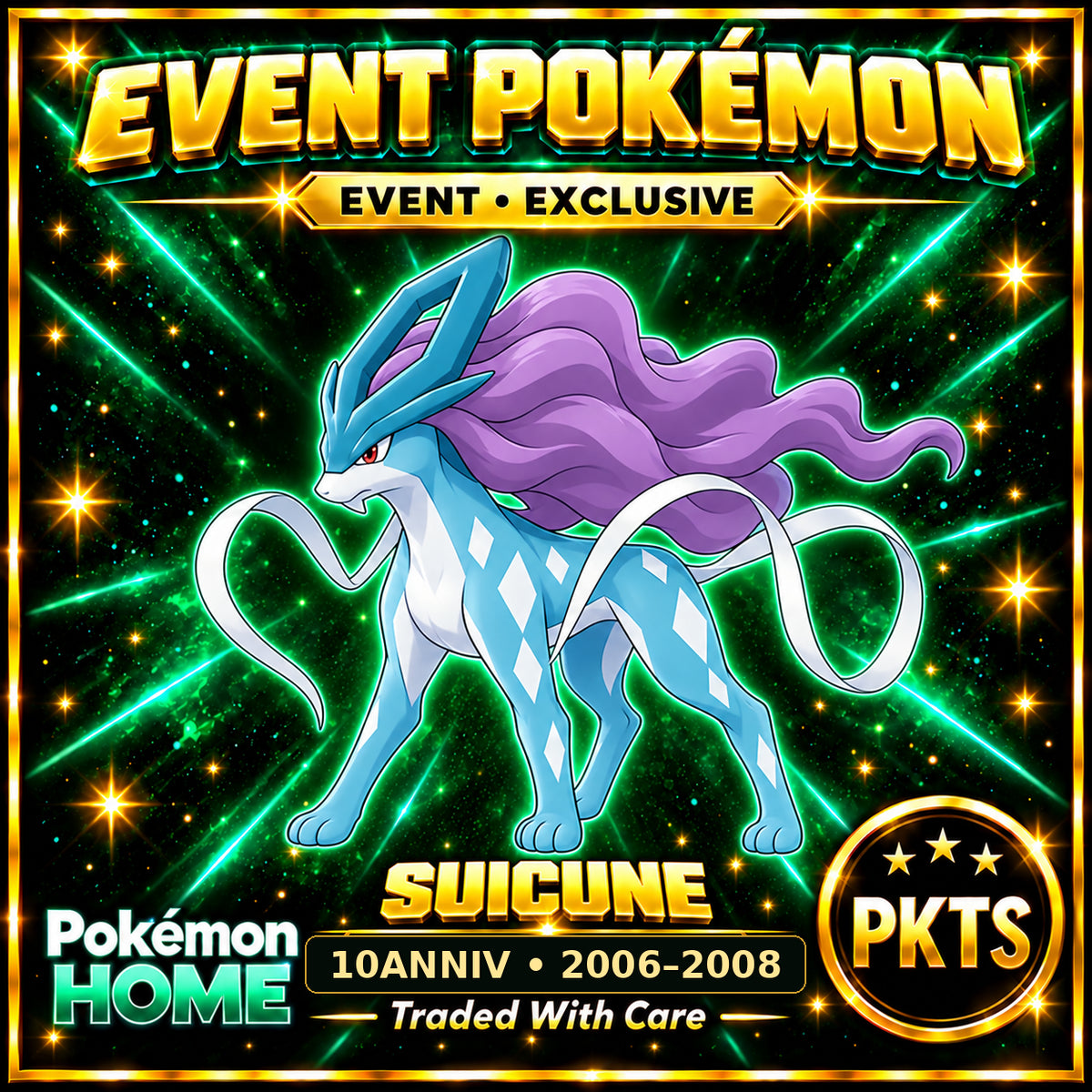 AI-generated illustration of non-shiny Suicune — 10ANNIV • 2006–2008. PKTS EVENT • EXCLUSIVE.