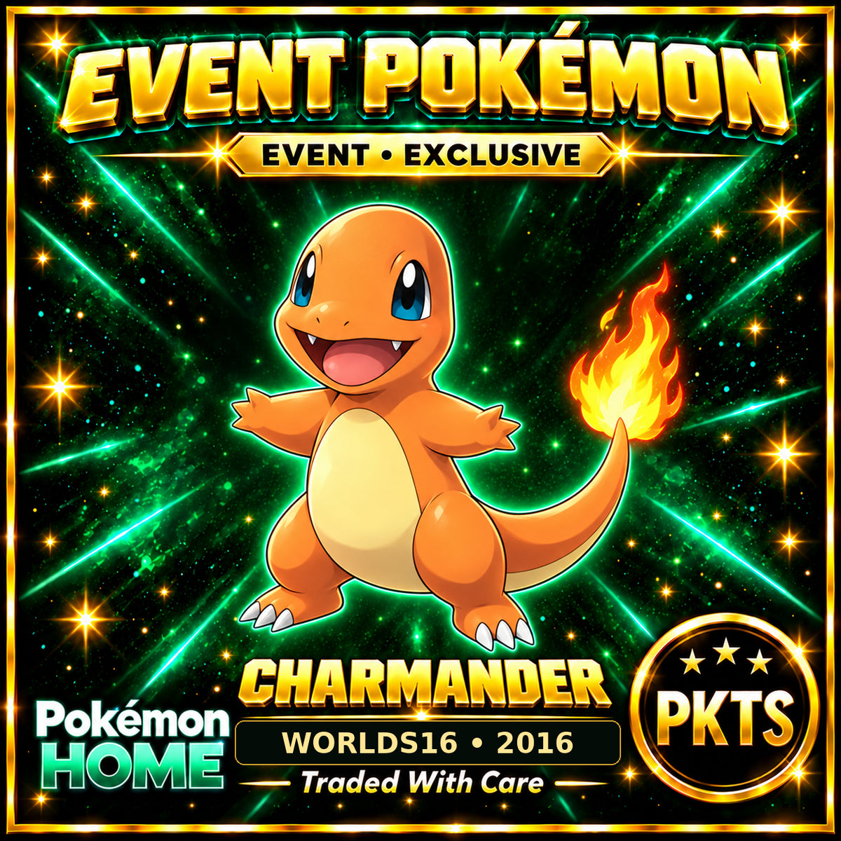 AI-generated illustration of non-shiny Charmander — WORLDS16 • 2016. PKTS EVENT • EXCLUSIVE.