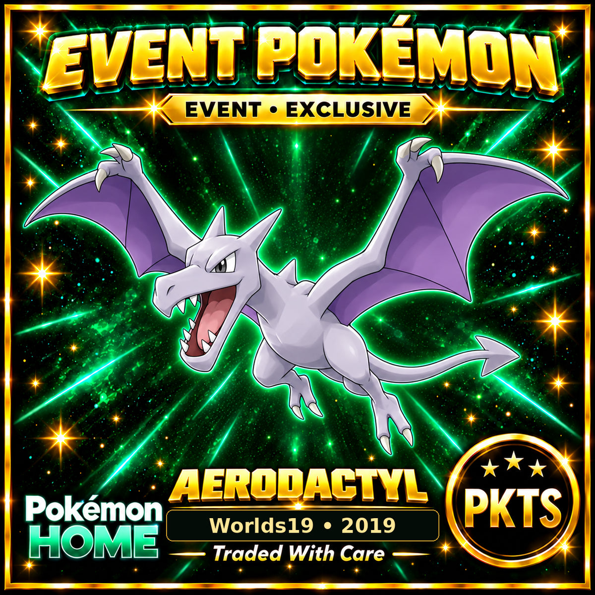 AI-generated illustration of non-shiny Aerodactyl — Worlds19 • 2019. PKTS EVENT • EXCLUSIVE.
