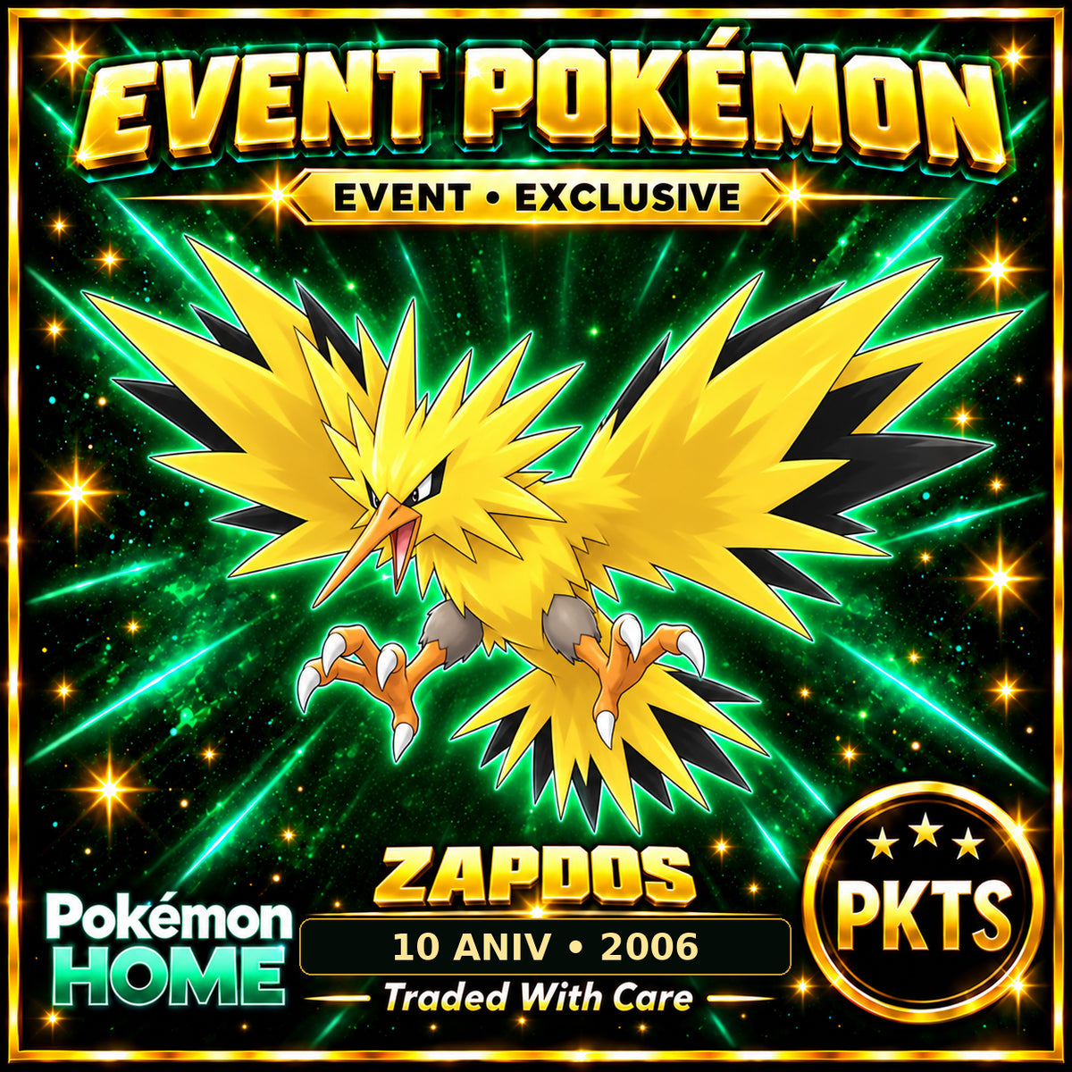 AI-generated illustration of non-shiny Zapdos — 10 ANIV • 2006. PKTS EVENT • EXCLUSIVE.