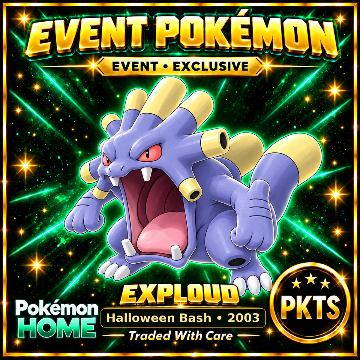AI-generated illustration of non-shiny Exploud — Halloween Bash • 2003. PKTS EVENT • EXCLUSIVE.