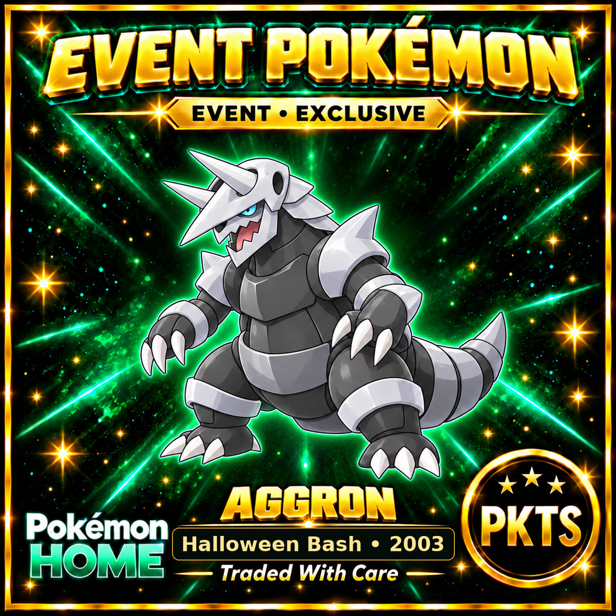 AI-generated illustration of non-shiny Aggron — Halloween Bash • 2003. PKTS EVENT • EXCLUSIVE.