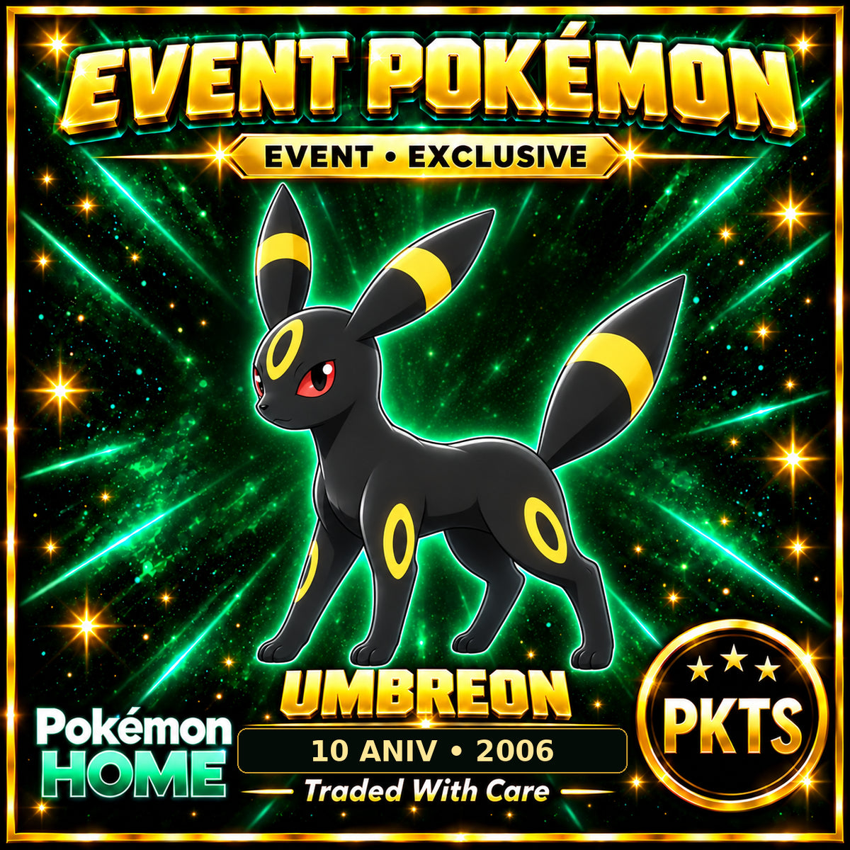AI-generated illustration of non-shiny Umbreon — 10 ANIV • 2006. PKTS EVENT • EXCLUSIVE.