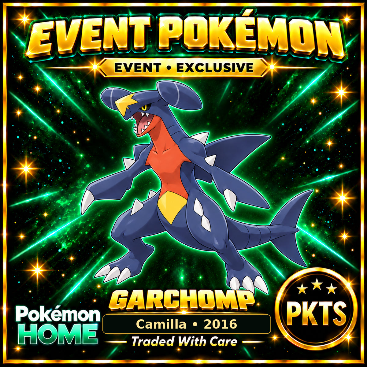 AI-generated illustration of non-shiny Garchomp — Camilla • 2016. PKTS EVENT • EXCLUSIVE.