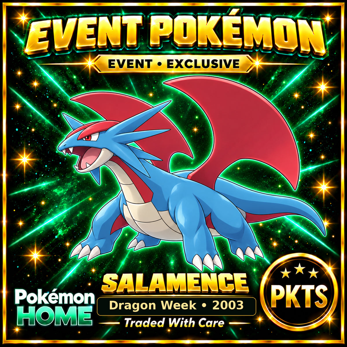 AI-generated illustration of non-shiny Salamence — Dragon Week • 2003. PKTS EVENT • EXCLUSIVE.
