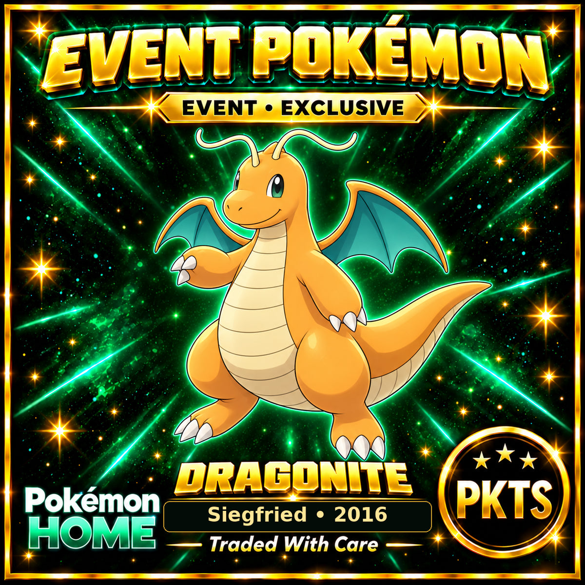 AI-generated illustration of non-shiny Dragonite — Siegfried • 2016. PKTS EVENT • EXCLUSIVE.