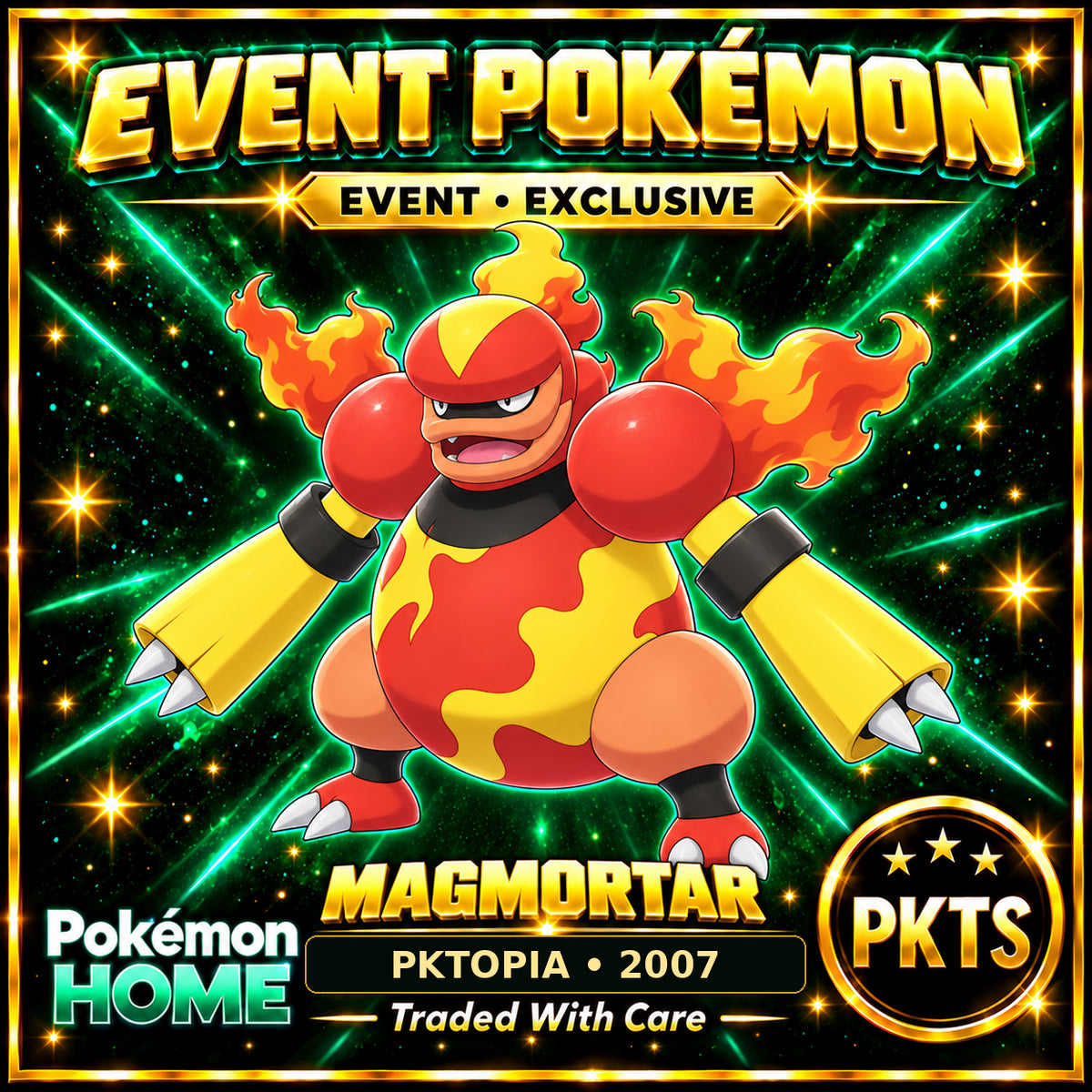 AI-generated illustration of non-shiny Magmortar — PKTOPIA • 2007. PKTS EVENT • EXCLUSIVE.
