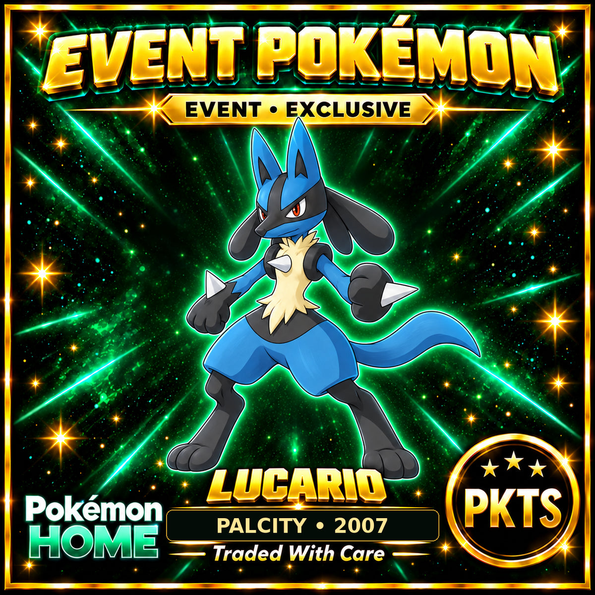 AI-generated illustration of non-shiny Lucario — PALCITY • 2007. PKTS EVENT • EXCLUSIVE.