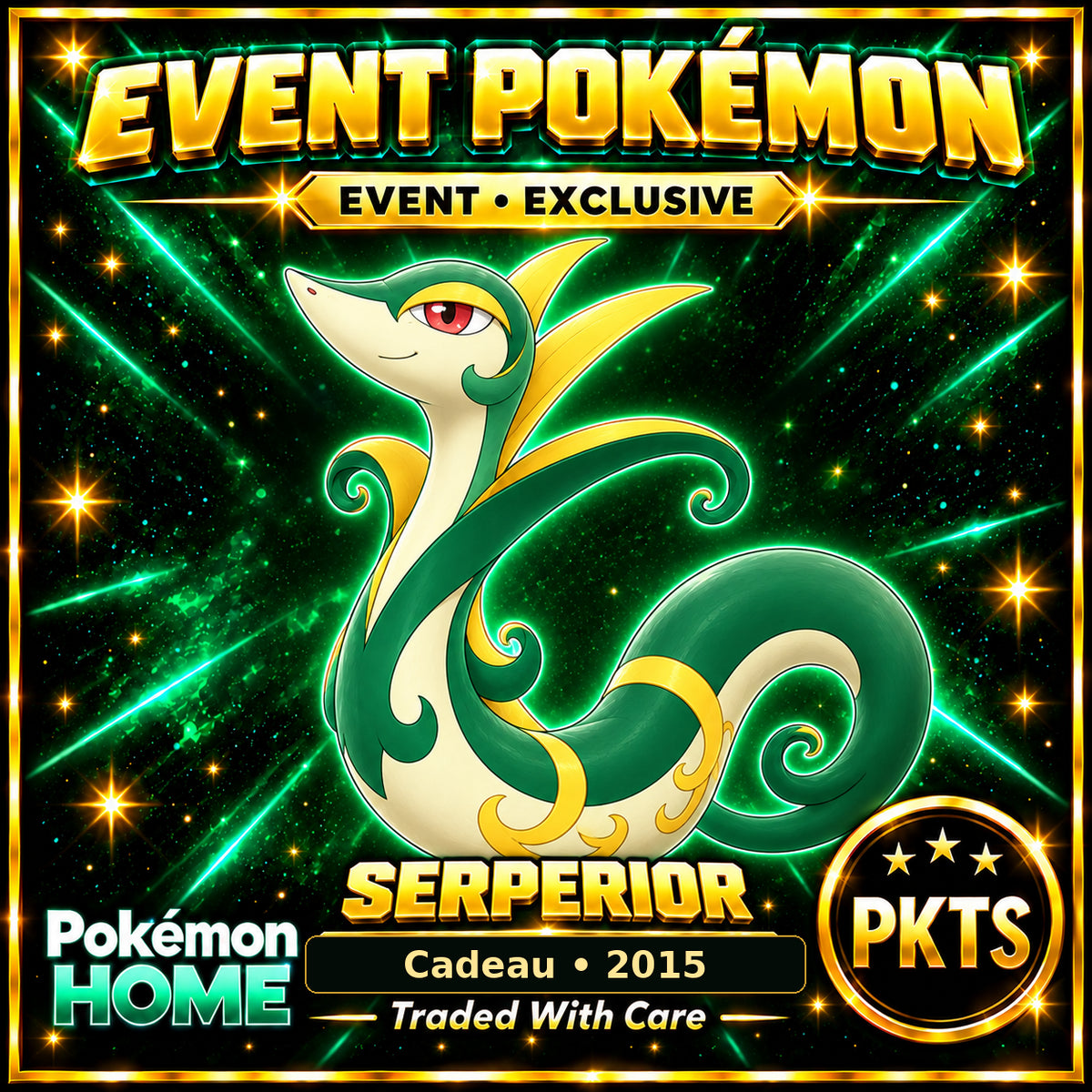 AI-generated illustration of non-shiny Serperior — Cadeau • 2015. PKTS EVENT • EXCLUSIVE.