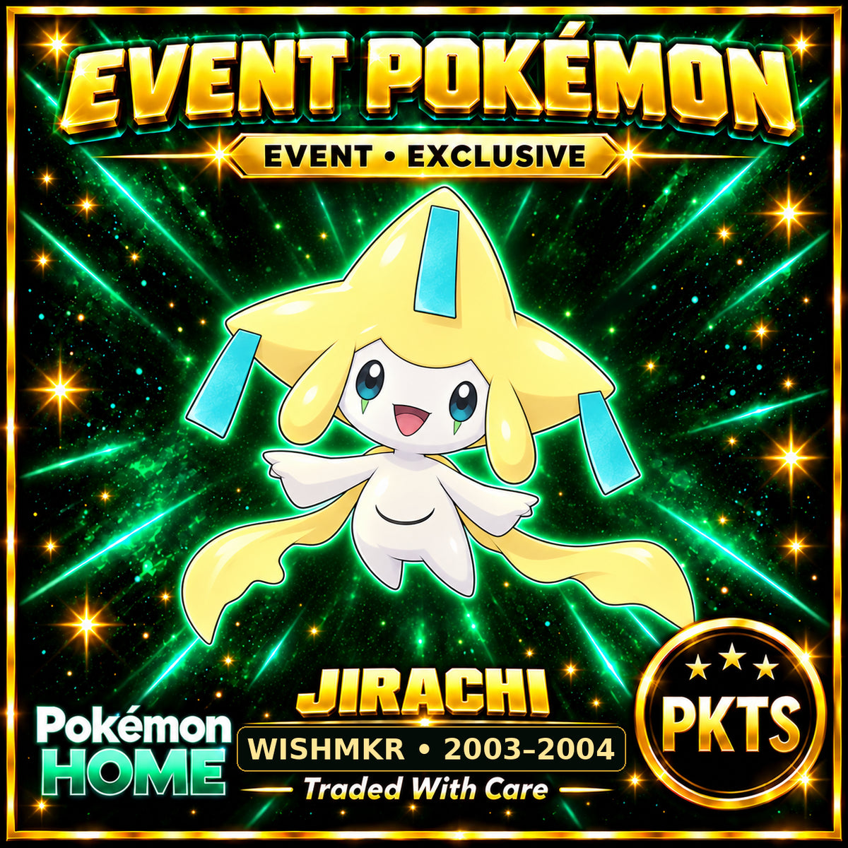 AI-generated illustration of non-shiny Jirachi — WISHMKR • 2003–2004. PKTS EVENT • EXCLUSIVE.