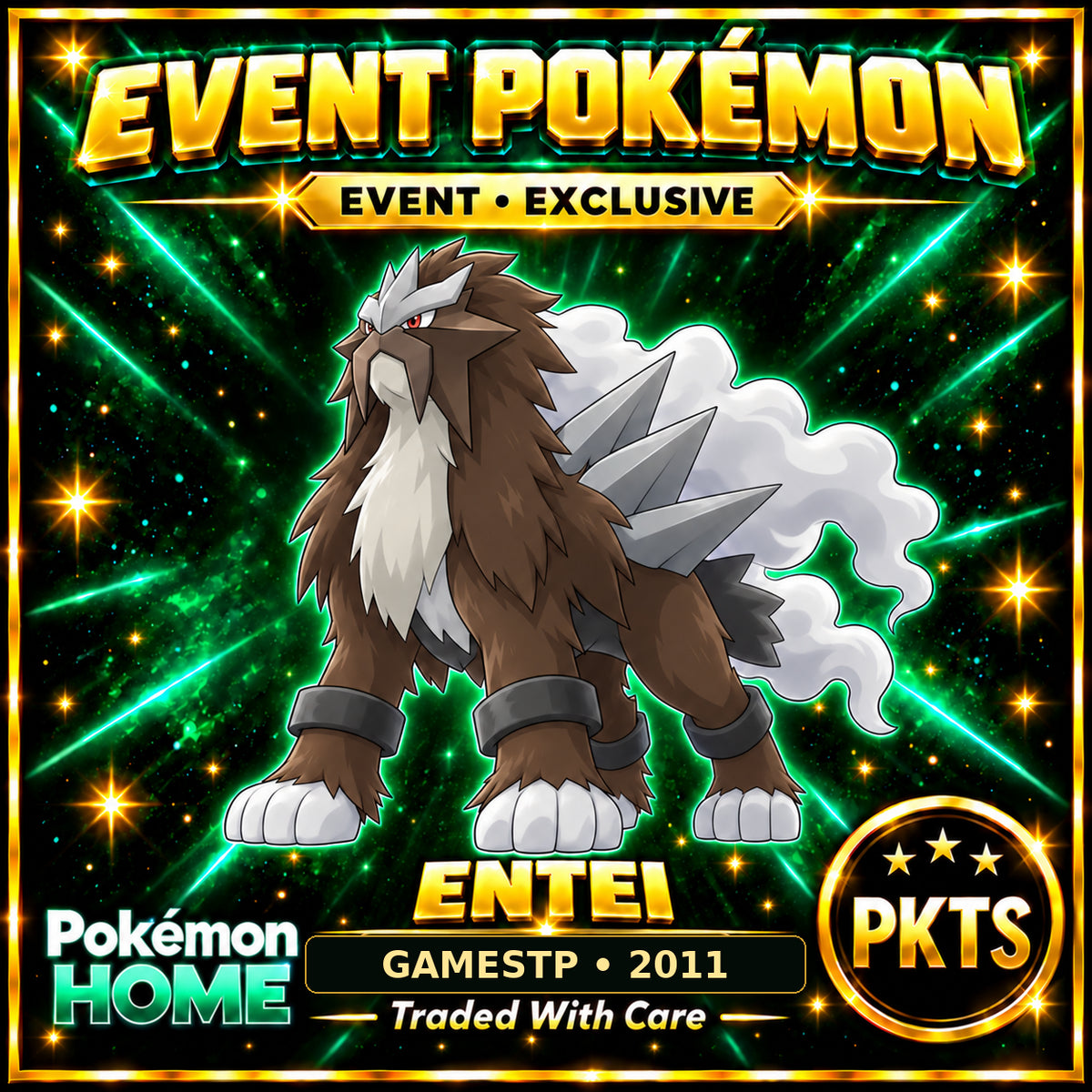 AI-generated illustration of shiny Entei — GAMESTP • 2011. PKTS EVENT • EXCLUSIVE.