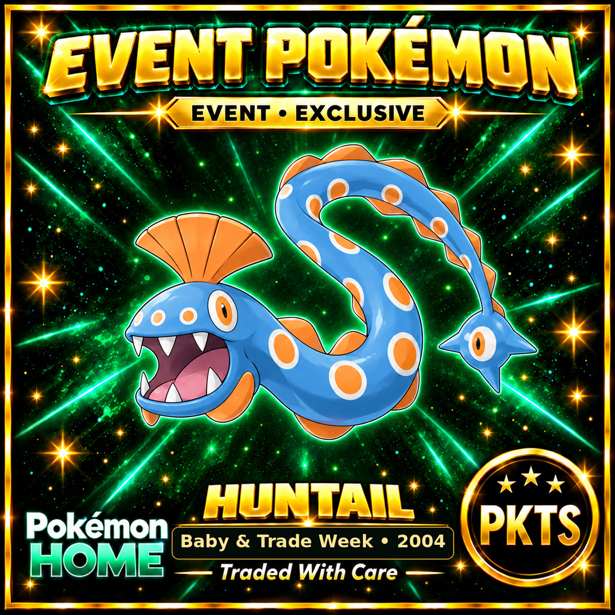 AI-generated illustration of non-shiny Huntail — Baby & Trade Week • 2004. PKTS EVENT • EXCLUSIVE.