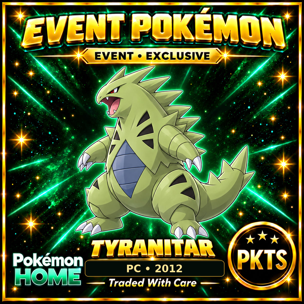 AI-generated illustration of non-shiny Tyranitar — PC • 2012. PKTS EVENT • EXCLUSIVE.