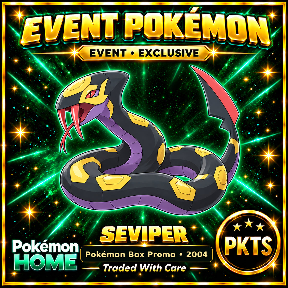AI-generated illustration of non-shiny Seviper — Pokémon Box Promo • 2004. PKTS EVENT • EXCLUSIVE.