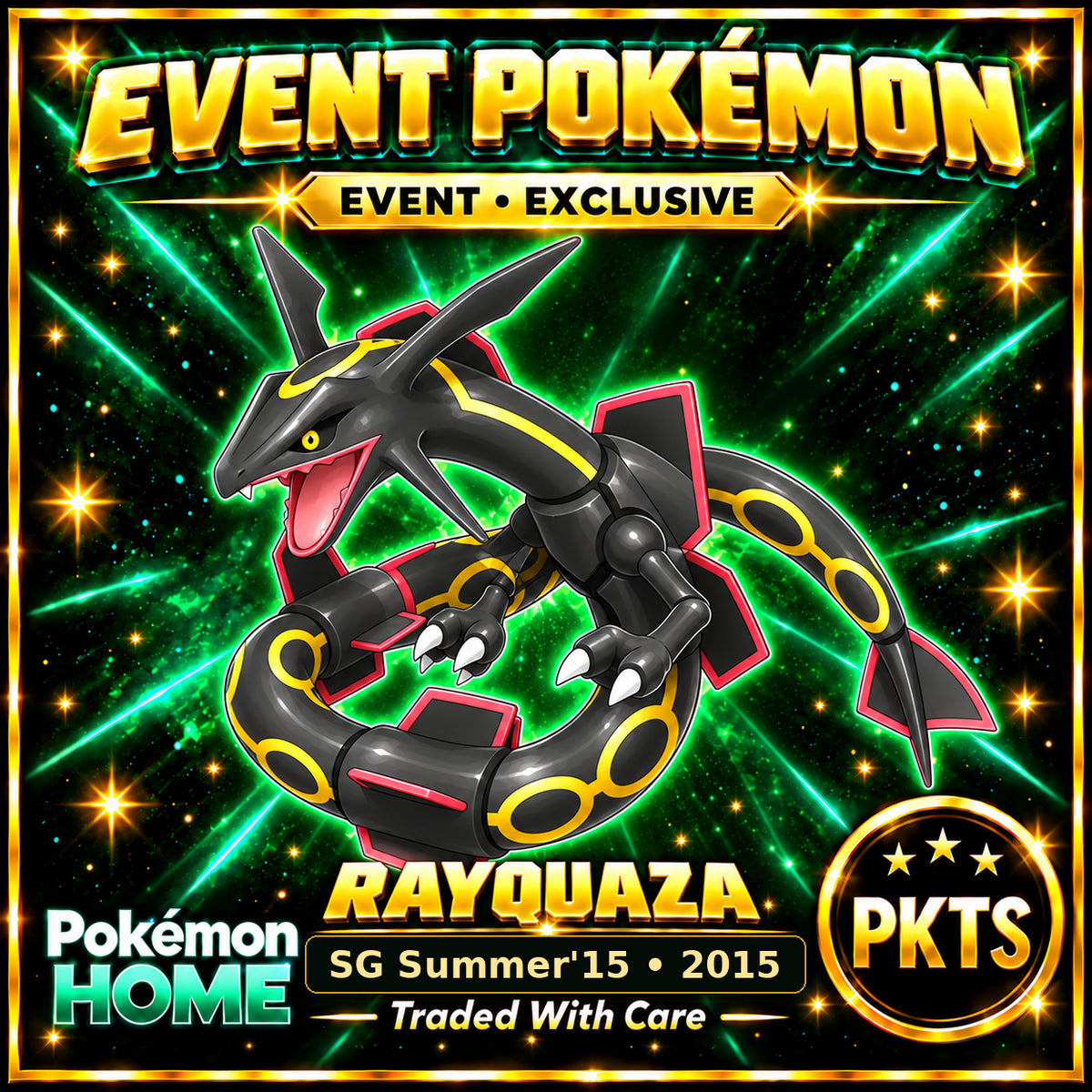AI-generated illustration of shiny Rayquaza — SG Summer'15 • 2015. PKTS EVENT • EXCLUSIVE.