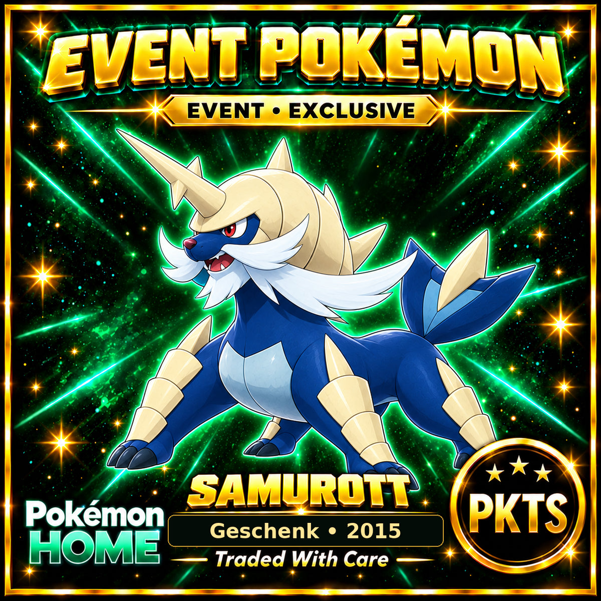 AI-generated illustration of non-shiny Samurott — Geschenk • 2015. PKTS EVENT • EXCLUSIVE.
