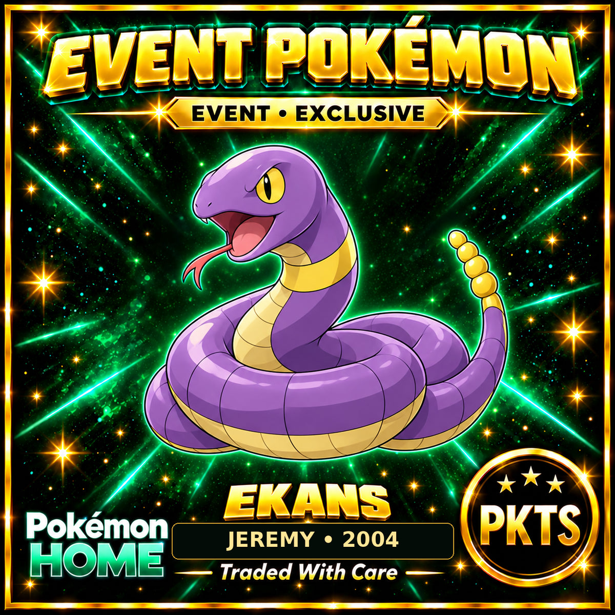 AI-generated illustration of non-shiny Ekans — JEREMY • 2004. PKTS EVENT • EXCLUSIVE.