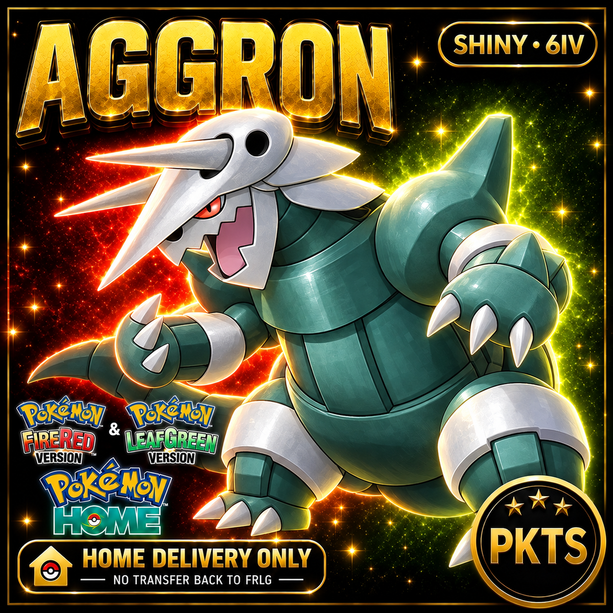 Shiny Aggron. Pokémon HOME delivery only; no transfer back to FRLG.