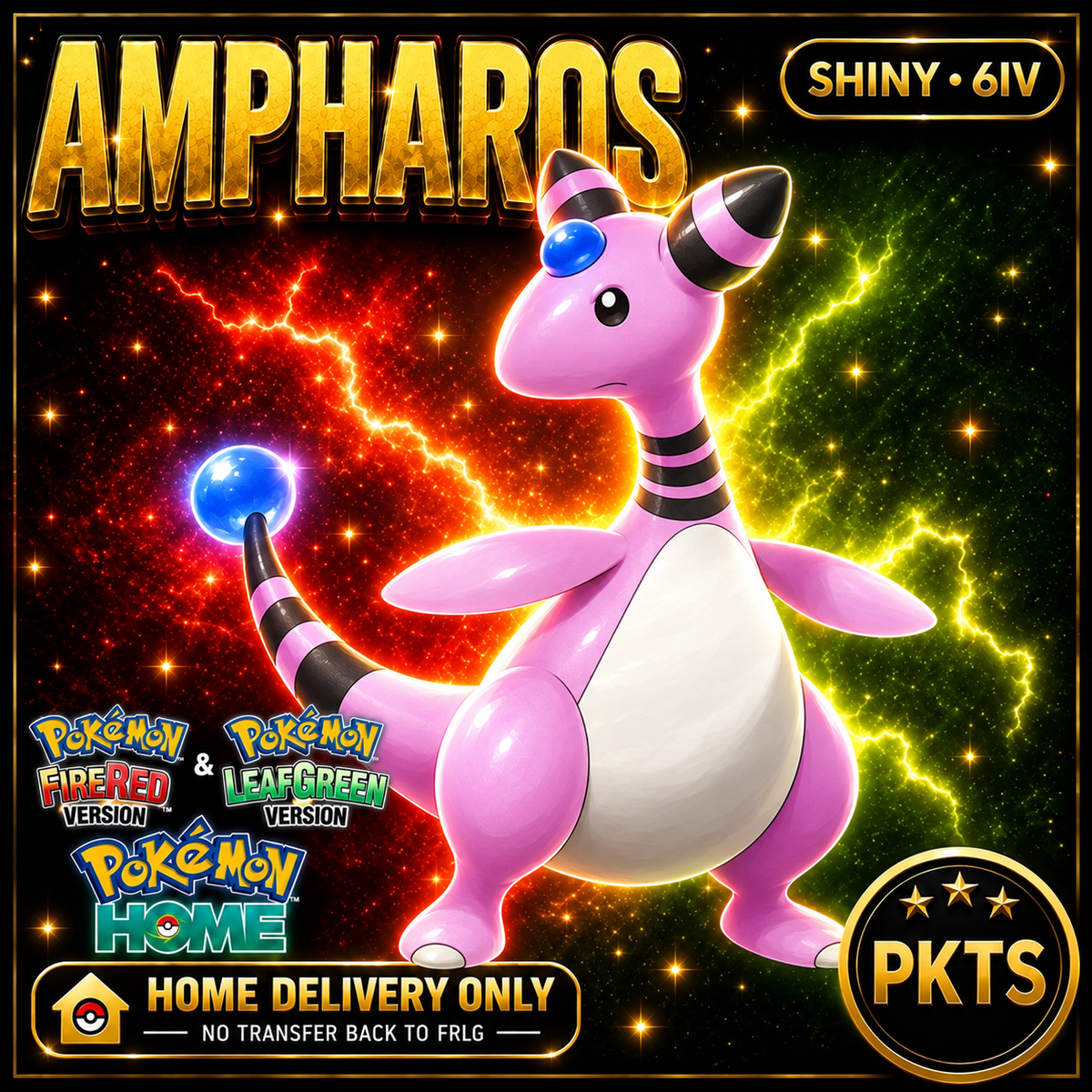 Shiny Ampharos. Pokémon HOME delivery only; no transfer back to FRLG.