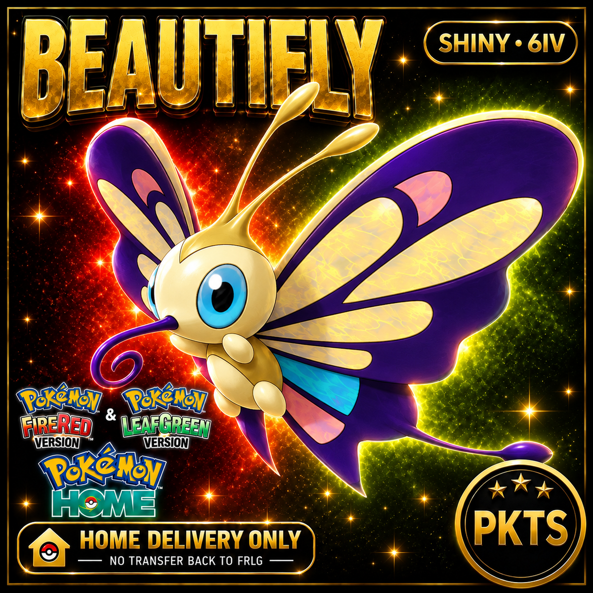 Shiny Beautifly. Pokémon HOME delivery only; no transfer back to FRLG.