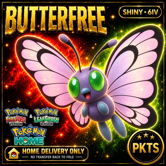 Shiny Butterfree. Pokémon HOME delivery only; no transfer back to FRLG.