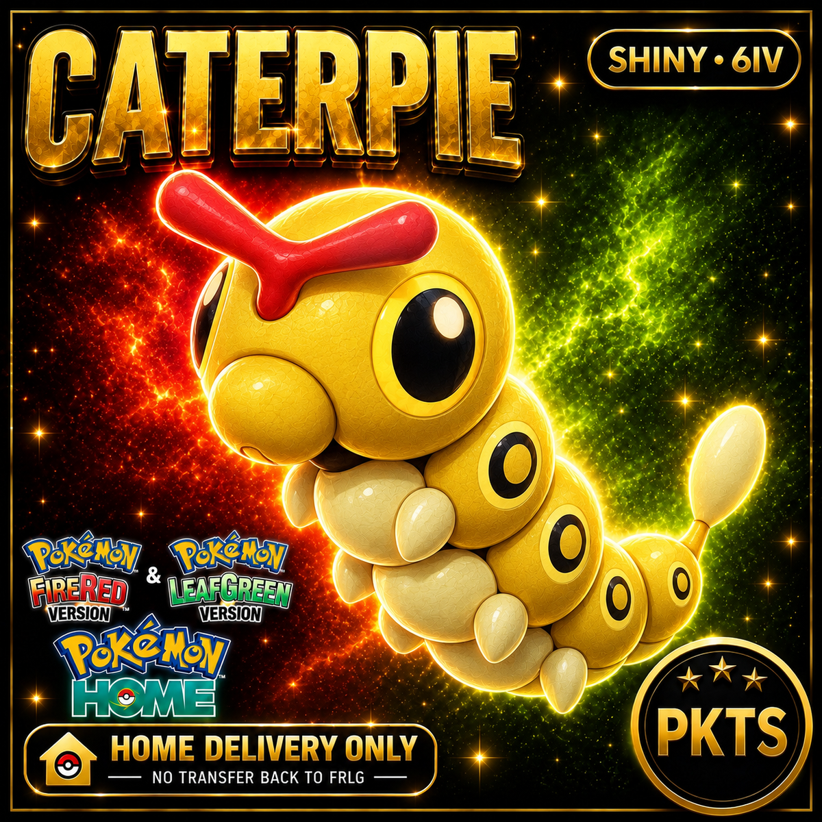Shiny Caterpie. Pokémon HOME delivery only; no transfer back to FRLG.