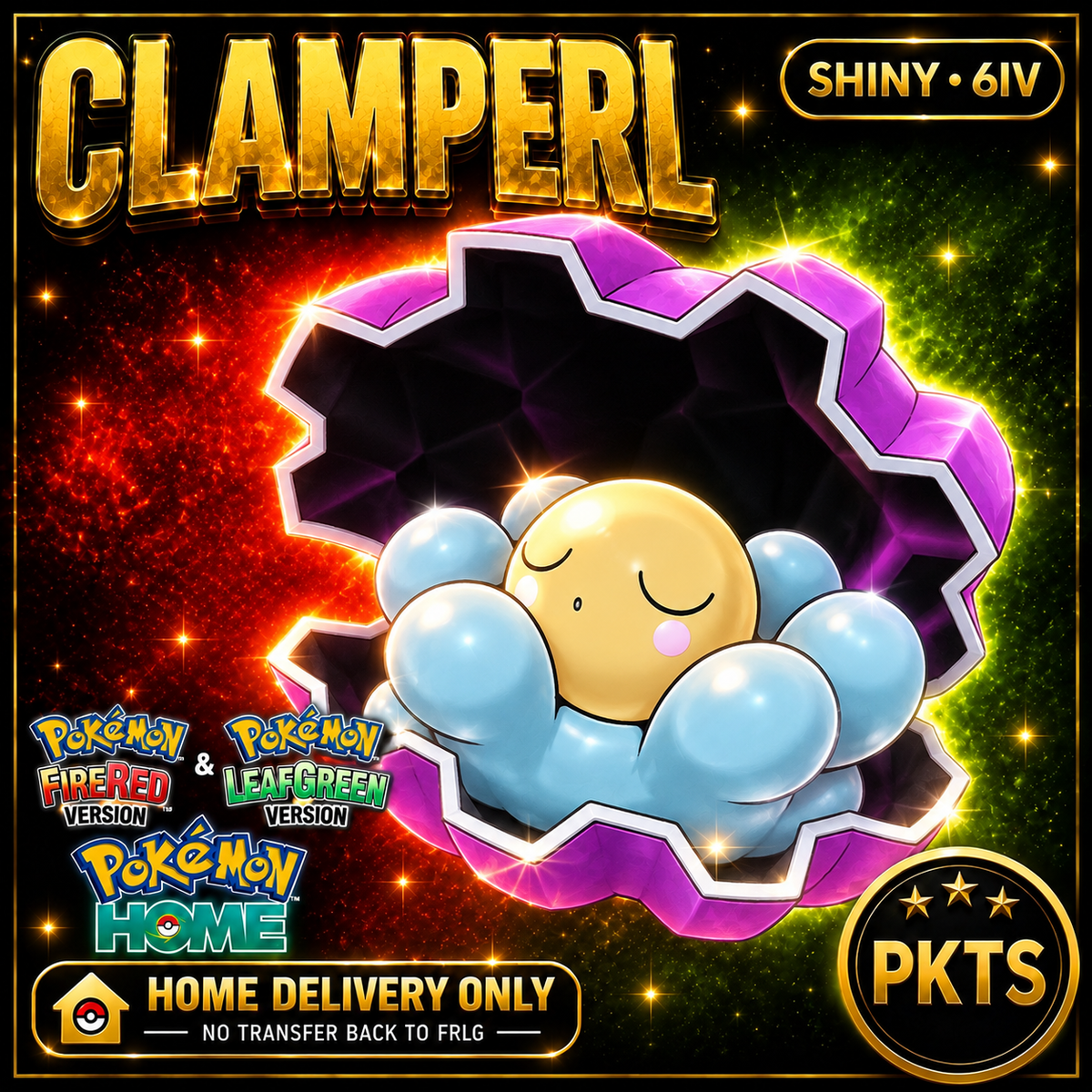 Shiny Clamperl. Pokémon HOME delivery only; no transfer back to FRLG.