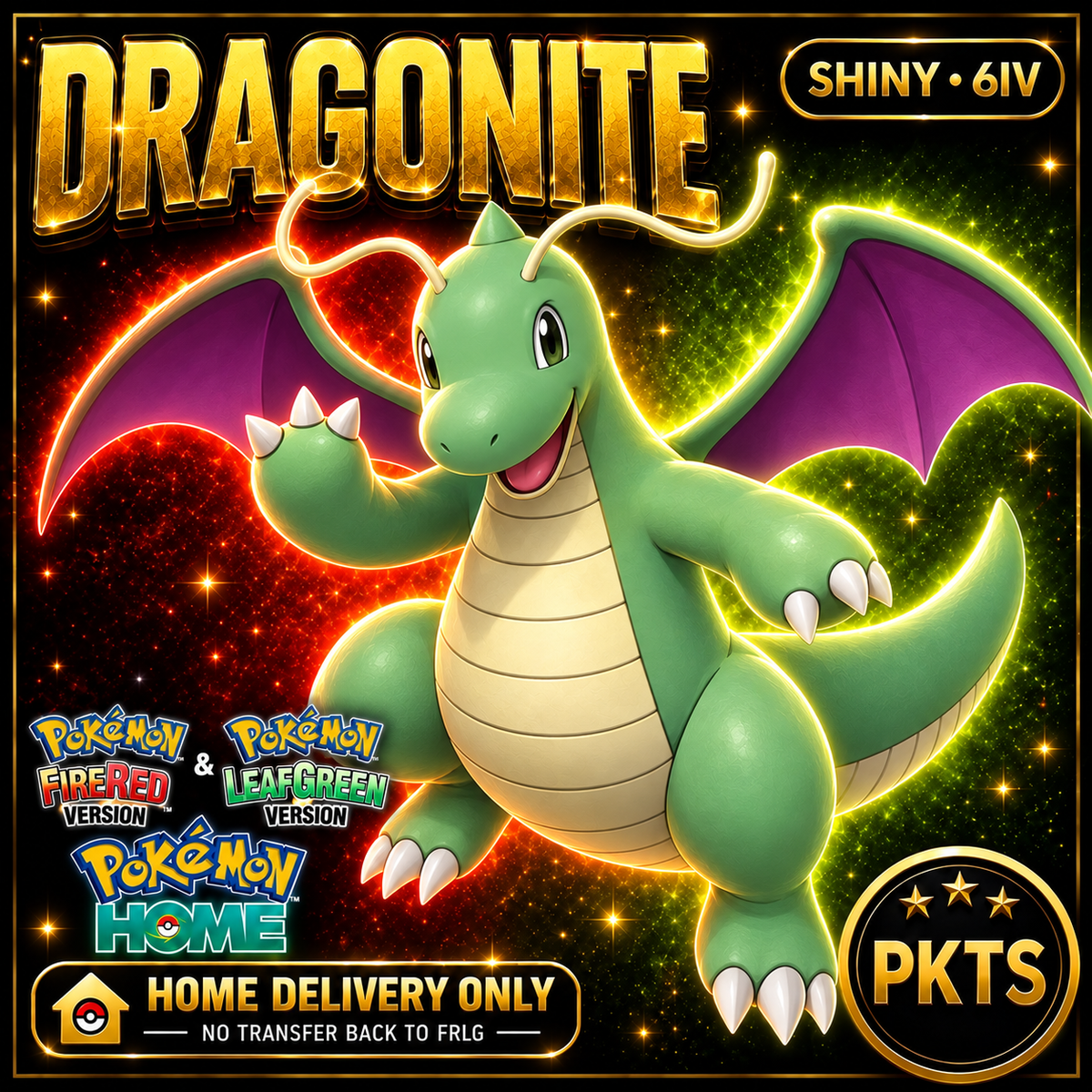 Shiny Dragonite. Pokémon HOME delivery only; no transfer back to FRLG.