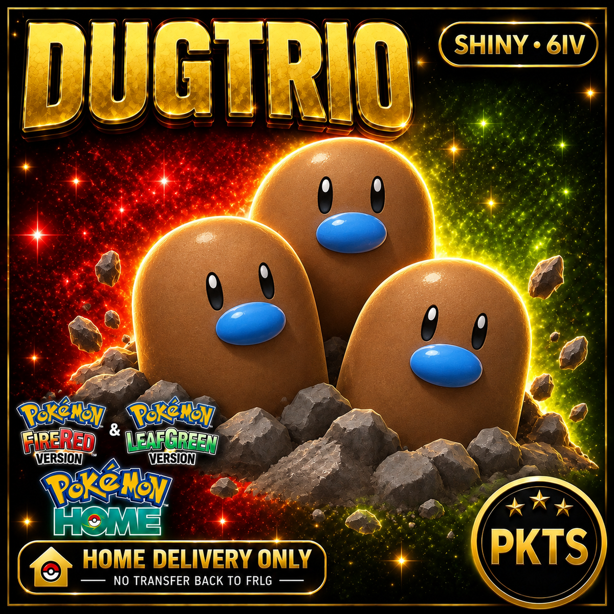 Shiny Dugtrio. Pokémon HOME delivery only; no transfer back to FRLG.