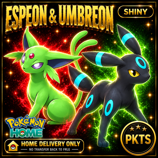 Shiny Espeon and Umbreon Bundle. Pokémon HOME delivery only; no transfer back to FRLG.
